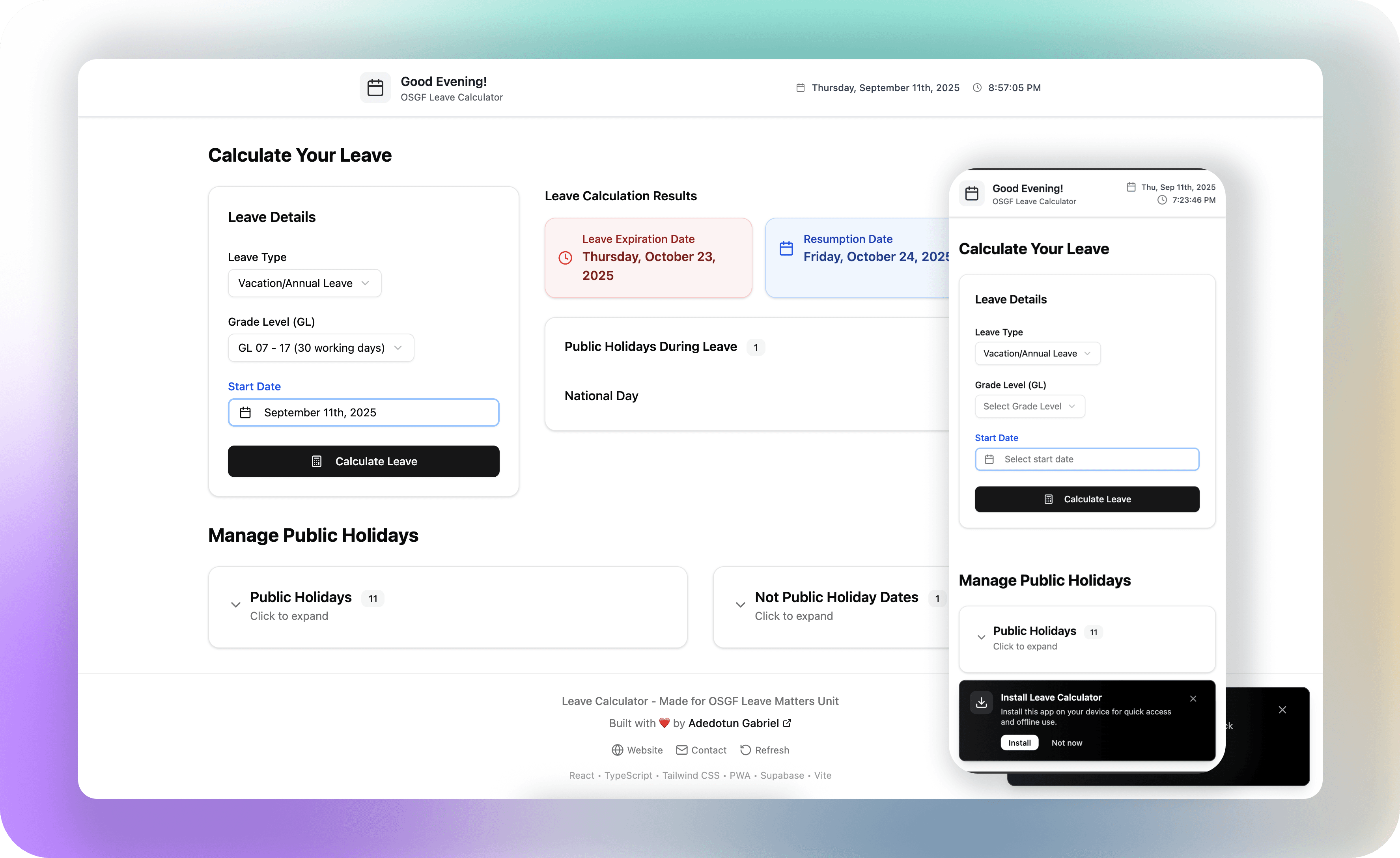 OSGF Leave Calculator preview